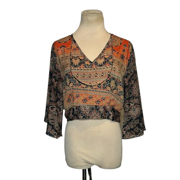 Earthbound black and orange 3/4 flare sleeves boho wrap blouse size Large - Picture 1 of 15